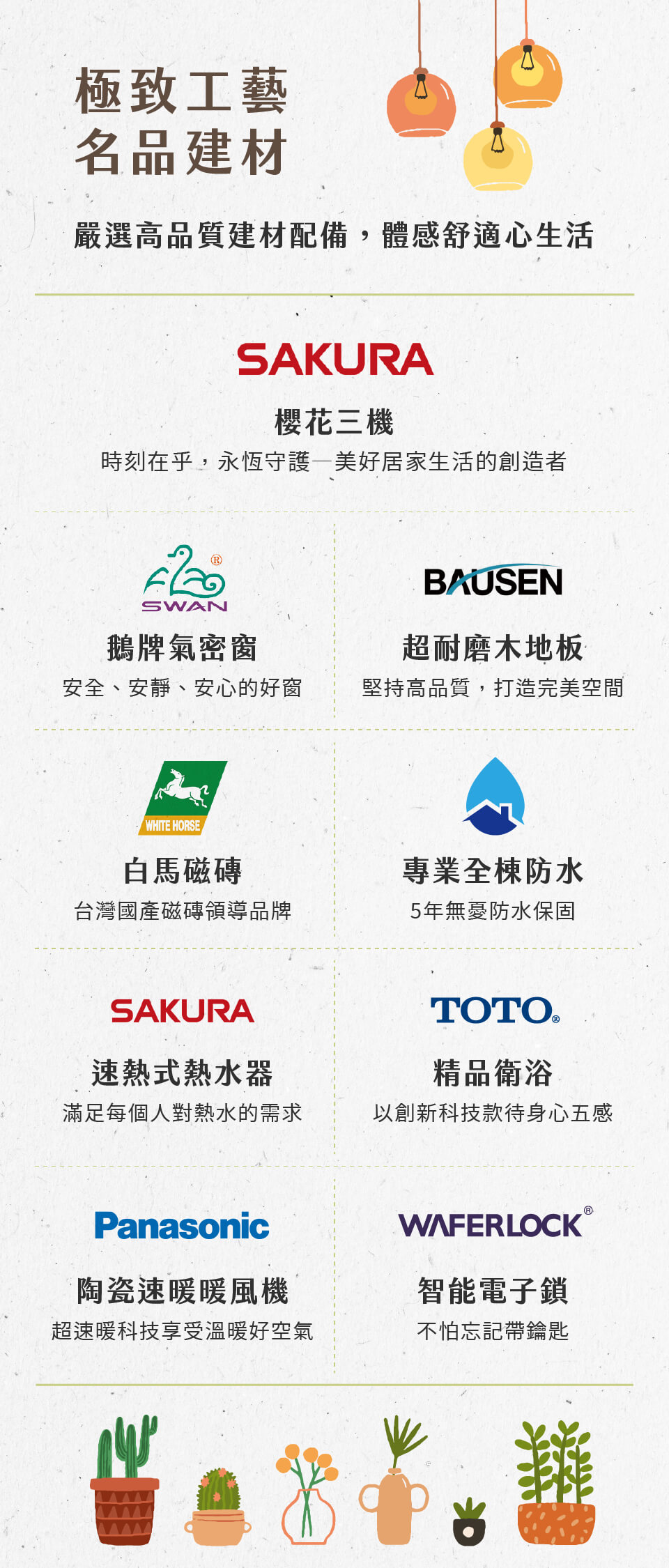 極致工藝名品建材｜嚴選高品質建材配備，體感舒適心生活｜櫻花三機‧鵝牌氣密窗‧超耐磨木地板‧白馬磁磚‧專業全棟防水‧速熱式熱水器‧精品衛浴‧陶瓷速暖暖風機‧智能電子鎖