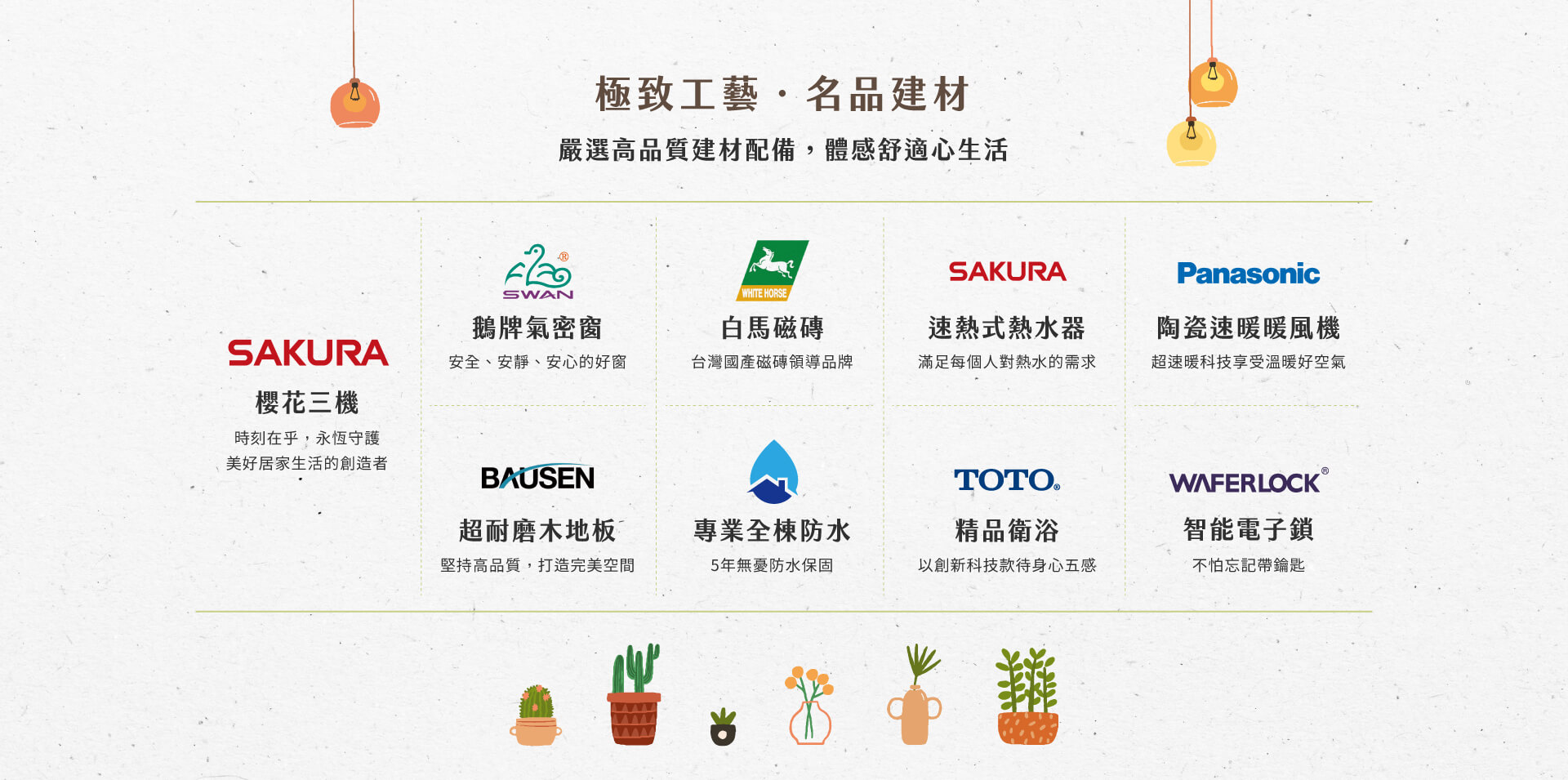 極致工藝名品建材｜嚴選高品質建材配備，體感舒適心生活｜櫻花三機‧鵝牌氣密窗‧超耐磨木地板‧白馬磁磚‧專業全棟防水‧速熱式熱水器‧精品衛浴‧陶瓷速暖暖風機‧智能電子鎖